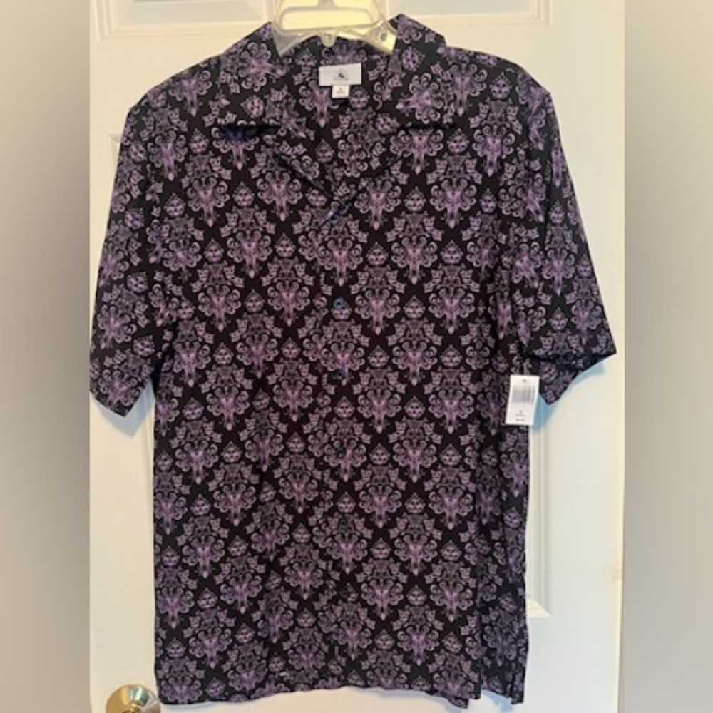 Disney Men's Haunted Mansion Wallpaper Print Black and Purple Casual Shirt